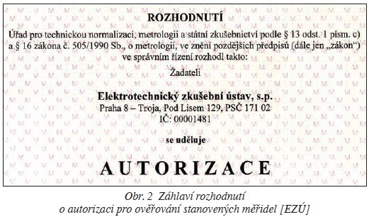 Obr. 2 Záhlaví rozhodnutí o autorizaci pro ověřování stanovených měřidel [EZÚ]